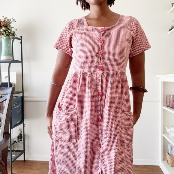 vintage red and white gingham seersucker button up midi dress - Picture 3 of 9